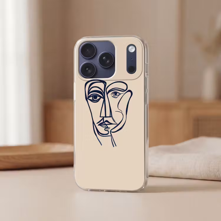 Minimalistisch - Lijnillustratie - Beige - Donkerblauw Telefoonhoesje iPhone 17 Pro klein -sfeer2