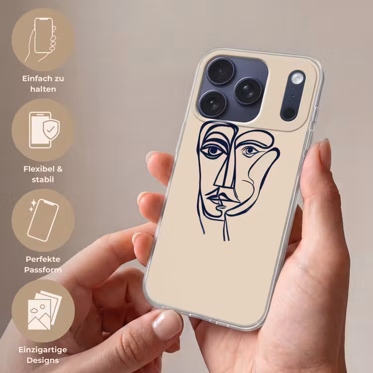 Minimalistisch - Lijnillustratie - Beige - Donkerblauw Telefoonhoesje iPhone 17 Pro klein -sfeer3_DE