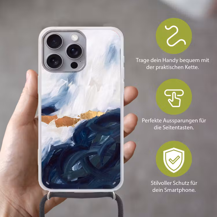 Abstract - Acryl - Blauw - Goud - Elegant Hoesje iPhone 16 Pro Max met koord klein -sfeer2_DE