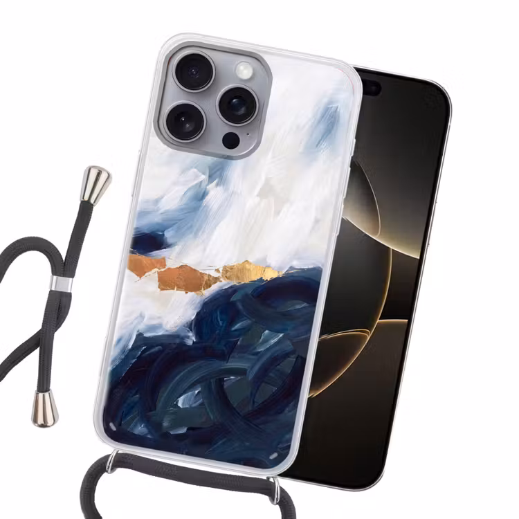Abstract - Acryl - Blauw - Goud - Elegant Hoesje iPhone 16 Pro Max met koord klein -sfeer1