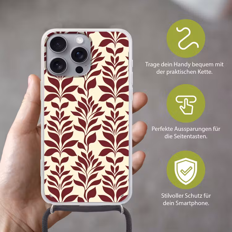 Abstract - Bladeren - Burgundy Hoesje iPhone 16 Pro Max met koord klein 804 -sfeer2_DE