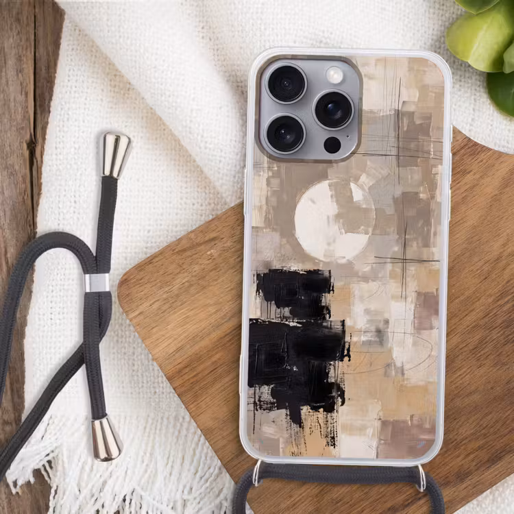 Abstract - Cirkel - Modern - Beige - Zwart - Minimalistisch Hoesje iPhone 16 Pro Max met koord klein -sfeer4