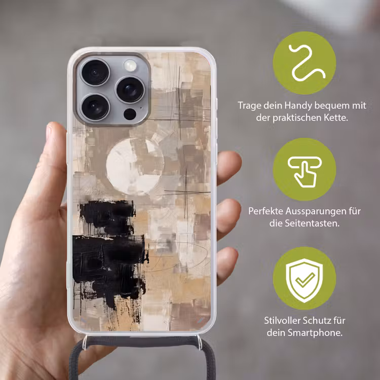 Abstract - Cirkel - Modern - Beige - Zwart - Minimalistisch Hoesje iPhone 16 Pro Max met koord klein -sfeer2_DE