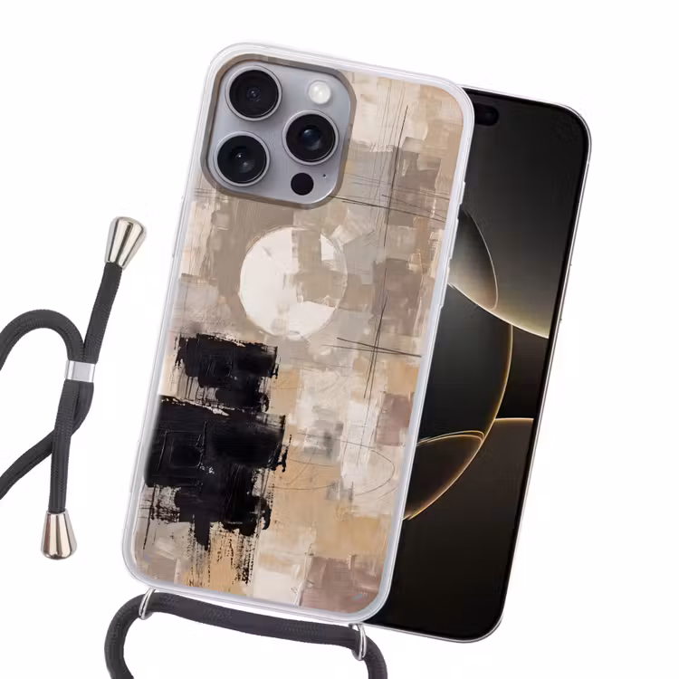 Abstract - Cirkel - Modern - Beige - Zwart - Minimalistisch Hoesje iPhone 16 Pro Max met koord klein -sfeer1