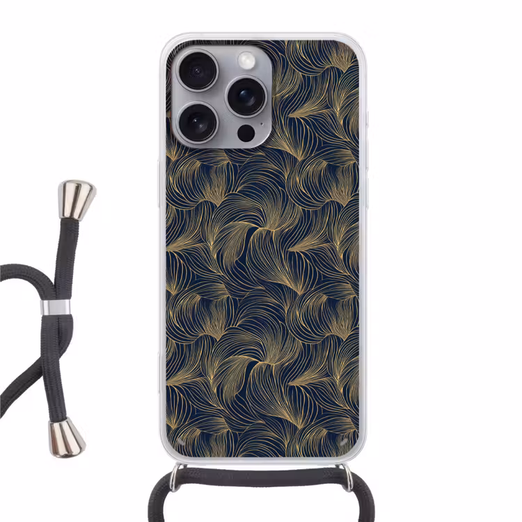 Abstract - Lijnen - Blauw - Goud Hoesje iPhone 16 Pro Max met koord klein 804 -3d