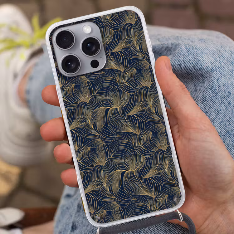 Abstract - Lijnen - Blauw - Goud Hoesje iPhone 16 Pro Max met koord klein 804 -sfeer3