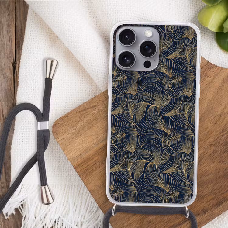 Abstract - Lijnen - Blauw - Goud Hoesje iPhone 16 Pro Max met koord klein 804 -sfeer4