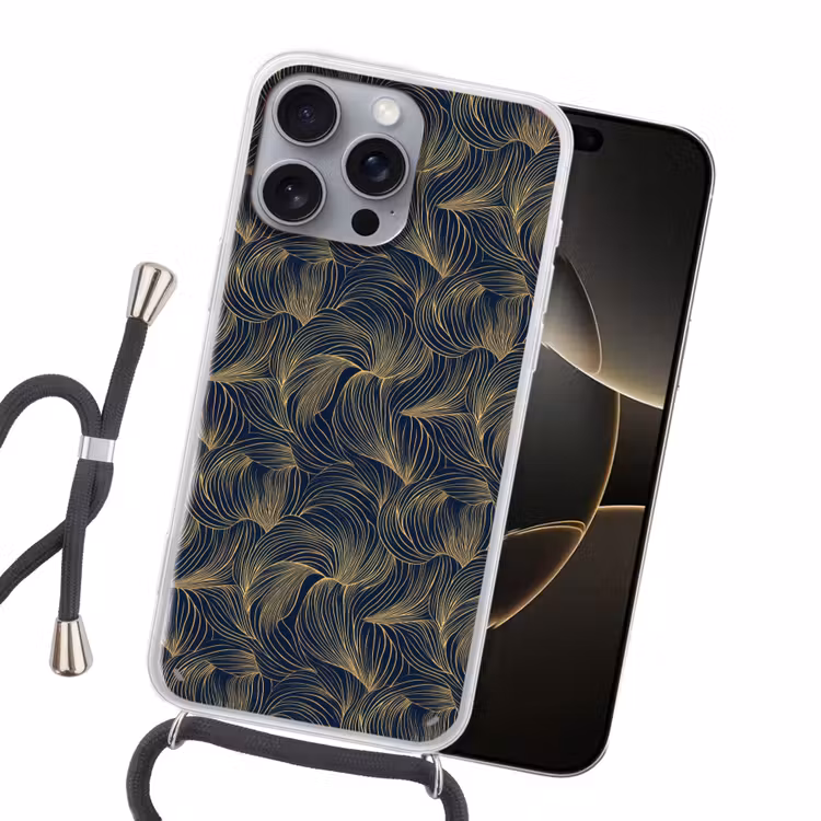 Abstract - Lijnen - Blauw - Goud Hoesje iPhone 16 Pro Max met koord klein 804 -sfeer1