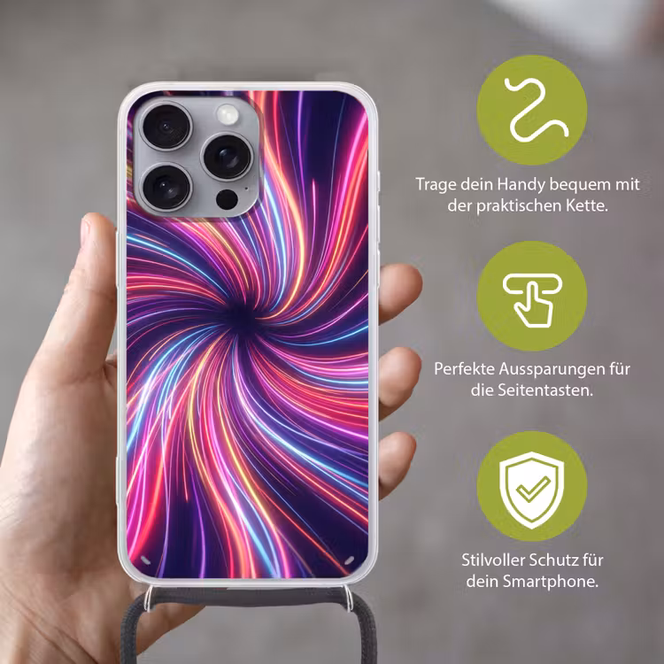 Abstract - Swirl - Futuristic - Neon Hoesje iPhone 16 Pro Max met koord klein -sfeer2_DE