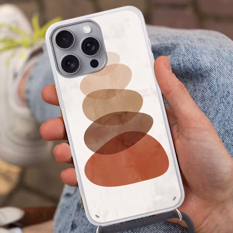 Abstractie - Gestapeld - Balans - Modern - Aardetinten Hoesje iPhone 16 Pro Max met koord klein -sfeer3