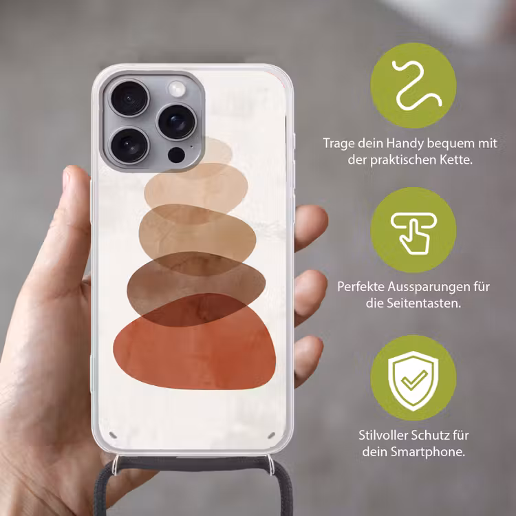 Abstractie - Gestapeld - Balans - Modern - Aardetinten Hoesje iPhone 16 Pro Max met koord klein -sfeer2_DE