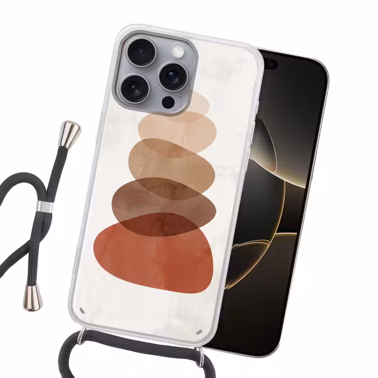 Abstractie - Gestapeld - Balans - Modern - Aardetinten Hoesje iPhone 16 Pro Max met koord klein -sfeer1