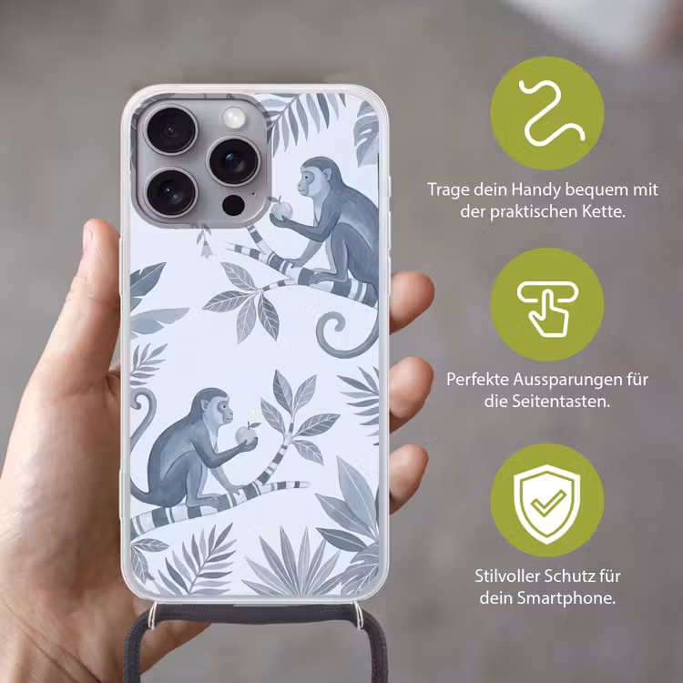 Aap - Boom - Bladeren - Jungle - Illustratie Hoesje iPhone 16 Pro Max met koord klein -sfeer2_DE