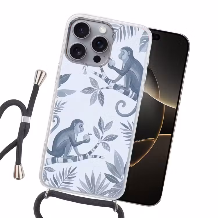 Aap - Boom - Bladeren - Jungle - Illustratie Hoesje iPhone 16 Pro Max met koord klein -sfeer1