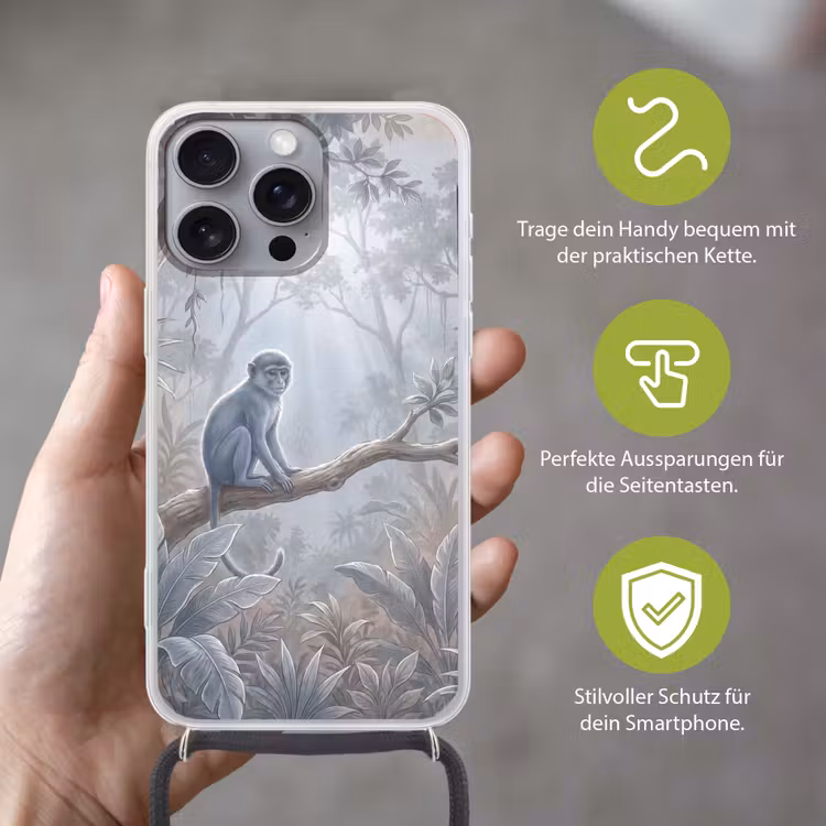 Aap - Boom - Jungle - Natuur - Grijs Hoesje iPhone 16 Pro Max met koord klein -sfeer2_DE