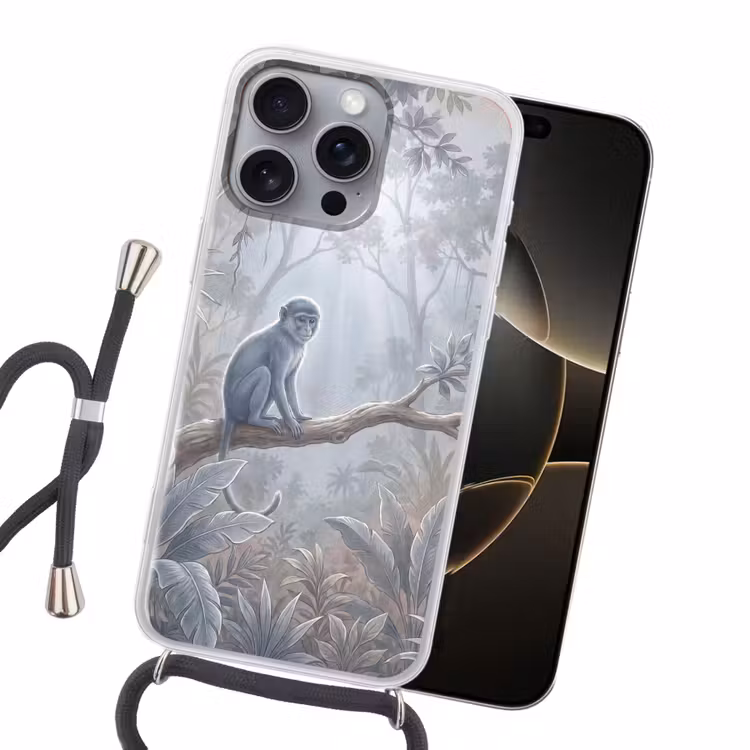 Aap - Boom - Jungle - Natuur - Grijs Hoesje iPhone 16 Pro Max met koord klein -sfeer1