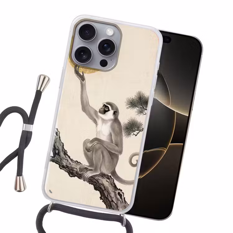 Aap - Maan - Goud Hoesje iPhone 16 Pro Max met koord klein -sfeer1
