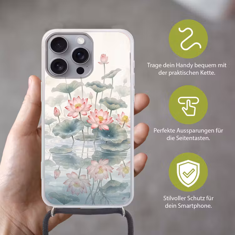 Aquarel - Lotusbloemen - Kleurrijk Hoesje iPhone 16 Pro Max met koord klein -sfeer2_DE