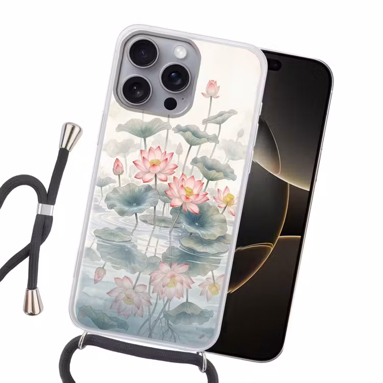 Aquarel - Lotusbloemen - Kleurrijk Hoesje iPhone 16 Pro Max met koord klein -sfeer1