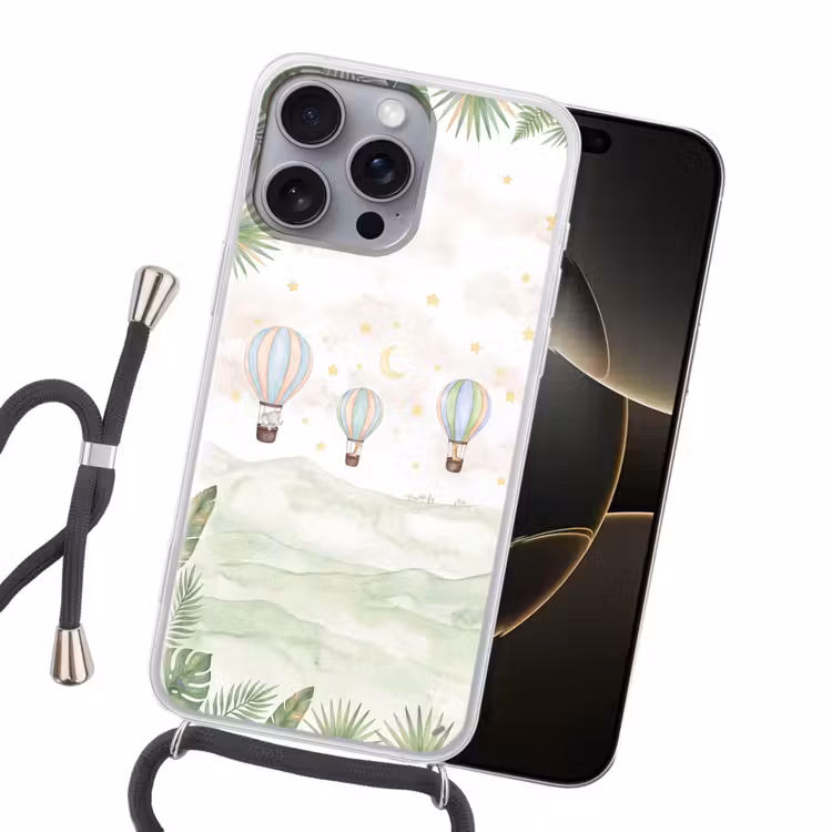Aquarel - Luchtballonnen - Pastel Hoesje iPhone 16 Pro Max met koord klein -sfeer1