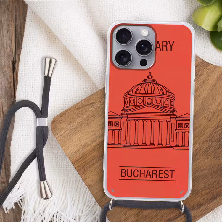 Architectuur - Boekarest - Stedelijk - Lijntekening - Rood Hoesje iPhone 16 Pro Max met koord klein -sfeer4