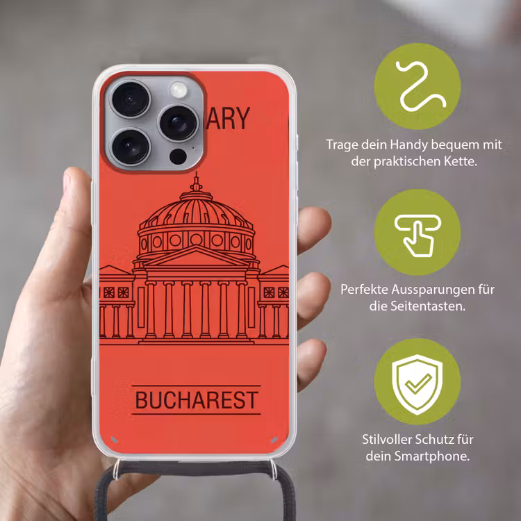 Architectuur - Boekarest - Stedelijk - Lijntekening - Rood Hoesje iPhone 16 Pro Max met koord klein -sfeer2_DE