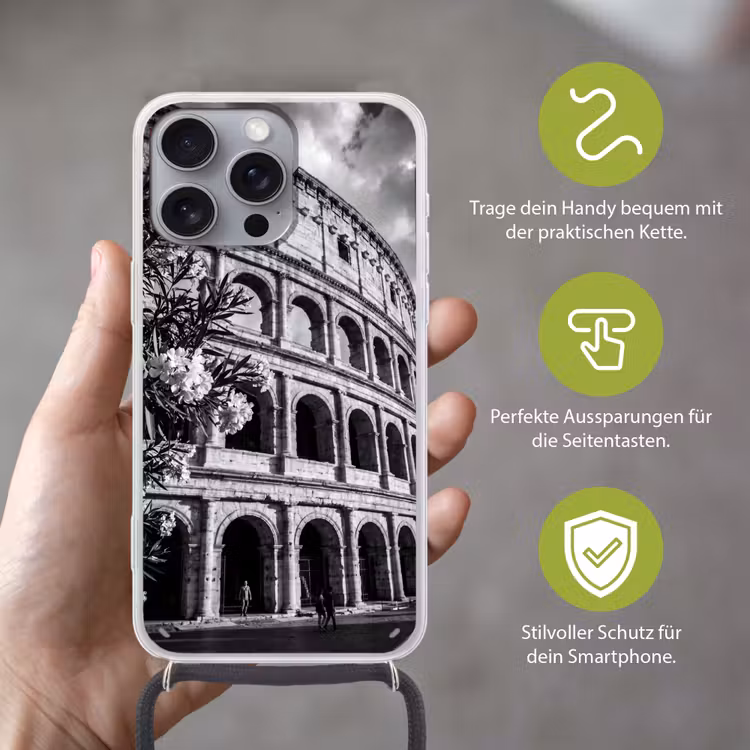 Architectuur - Colosseum - Rome - Historisch - Zwart-wit Hoesje iPhone 16 Pro Max met koord klein -sfeer2_DE
