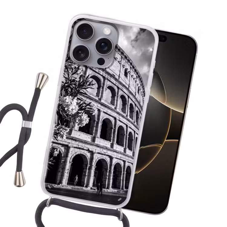 Architectuur - Colosseum - Rome - Historisch - Zwart-wit Hoesje iPhone 16 Pro Max met koord klein -sfeer1