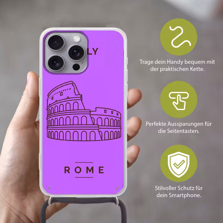 Architectuur - Colosseum - Rome - Minimalistisch - Paars Hoesje iPhone 16 Pro Max met koord klein -sfeer2_DE