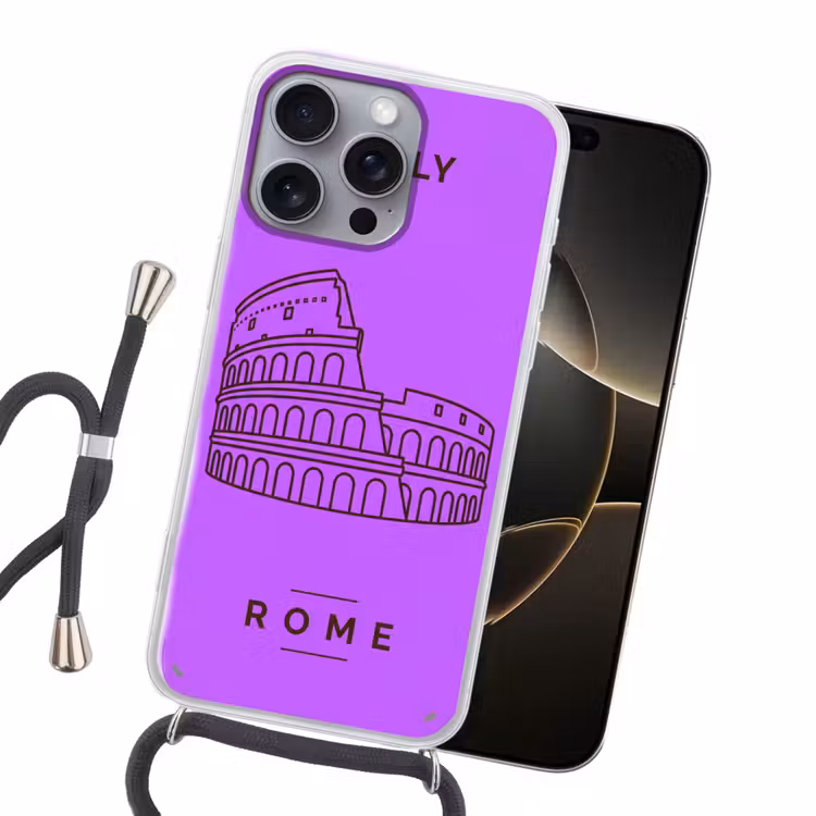 Architectuur - Colosseum - Rome - Minimalistisch - Paars Hoesje iPhone 16 Pro Max met koord klein -sfeer1