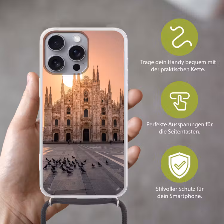 Architectuur - Milaan - Plein - Zonsopgang - Oranje Hoesje iPhone 16 Pro Max met koord klein -sfeer2_DE