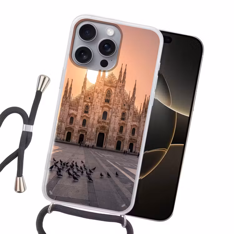 Architectuur - Milaan - Plein - Zonsopgang - Oranje Hoesje iPhone 16 Pro Max met koord klein -sfeer1