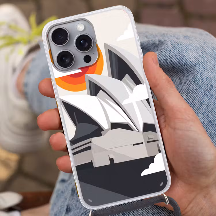 Architectuur - Stadsgezicht - Modern - Grijs - Oranje Hoesje iPhone 16 Pro Max met koord klein -sfeer3