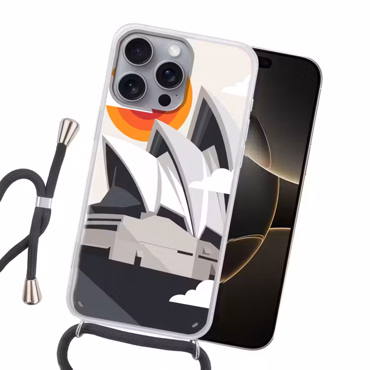 Architectuur - Stadsgezicht - Modern - Grijs - Oranje Hoesje iPhone 16 Pro Max met koord klein -sfeer1