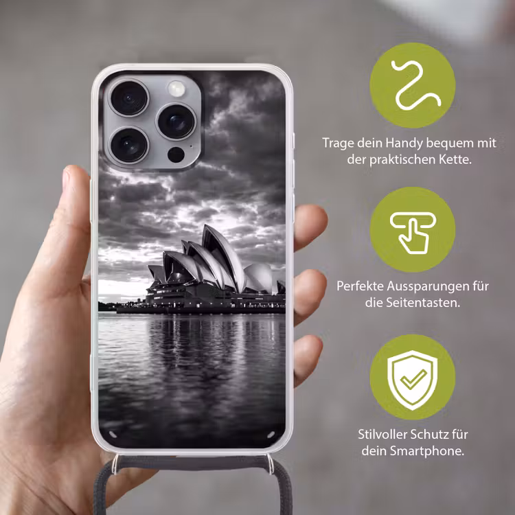 Architectuur - Water - Stad - Modern - Zwart-wit Hoesje iPhone 16 Pro Max met koord klein -sfeer2_DE