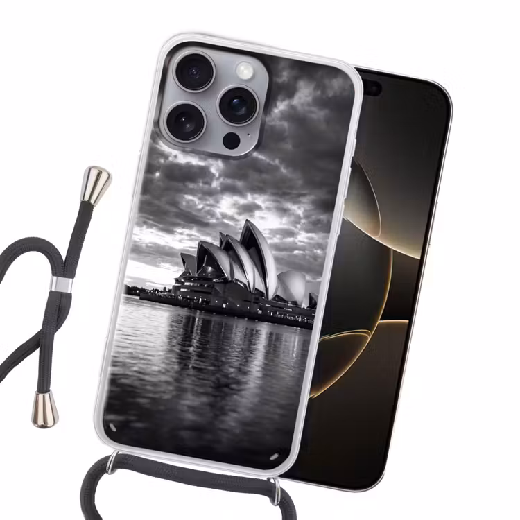 Architectuur - Water - Stad - Modern - Zwart-wit Hoesje iPhone 16 Pro Max met koord klein -sfeer1
