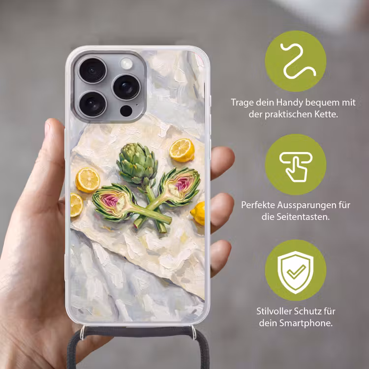 Handyhülle mit Band - Artischocke – Zitrone – Essen - Artisjok - Citroen - Eten Hoesje iPhone 16 Pro Max met koord klein