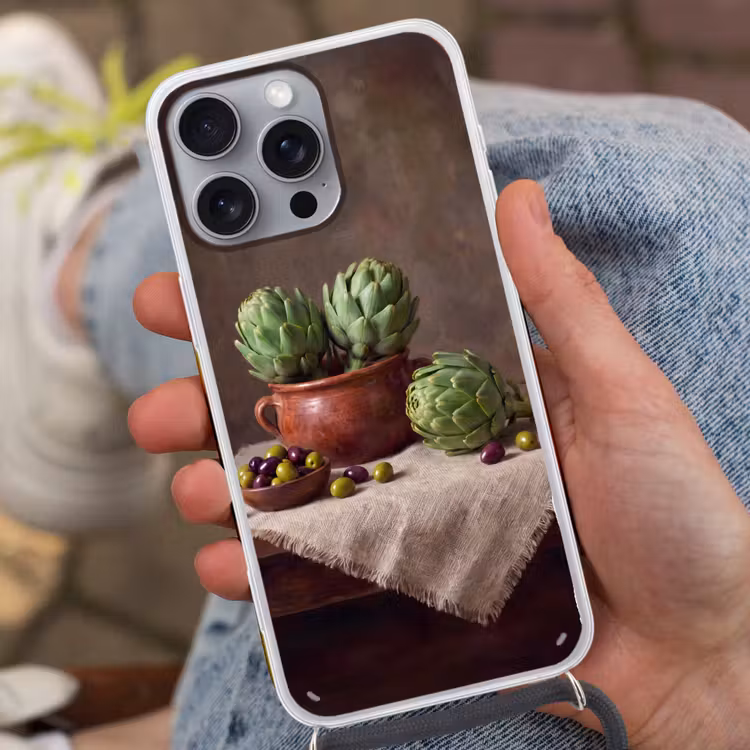 Handyhülle mit Band - Artischocken – Oliven – Essen - Artisjokken - Olijven - Eten Hoesje iPhone 16 Pro Max met koord klein