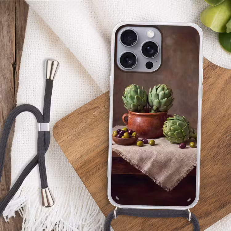 Handyhülle mit Band - Artischocken – Oliven – Essen - Artisjokken - Olijven - Eten Hoesje iPhone 16 Pro Max met koord klein
