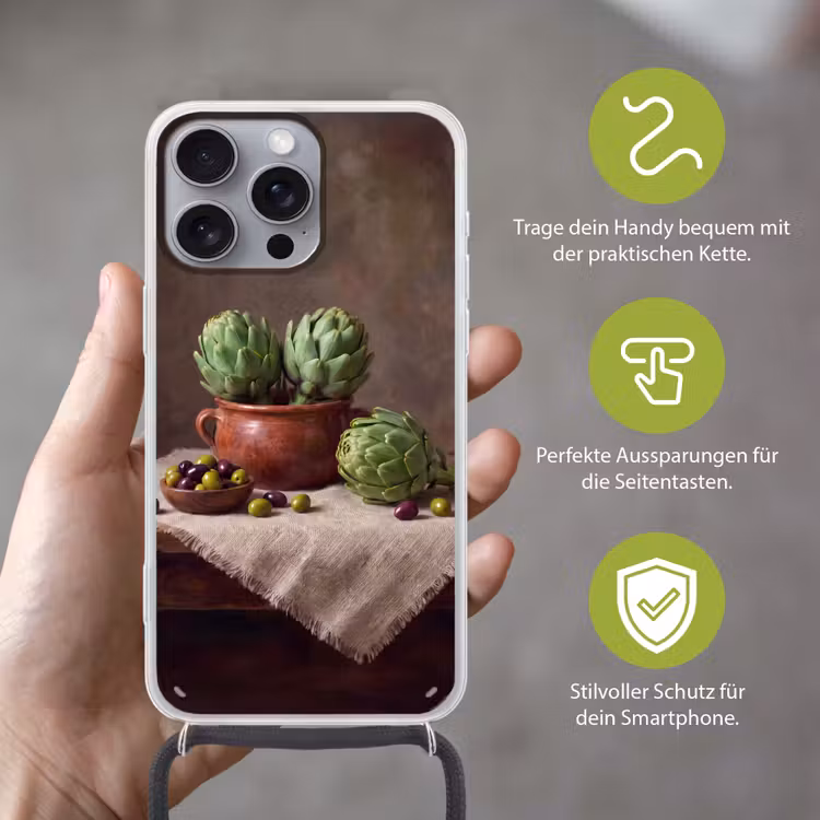 Handyhülle mit Band - Artischocken – Oliven – Essen - Artisjokken - Olijven - Eten Hoesje iPhone 16 Pro Max met koord klein