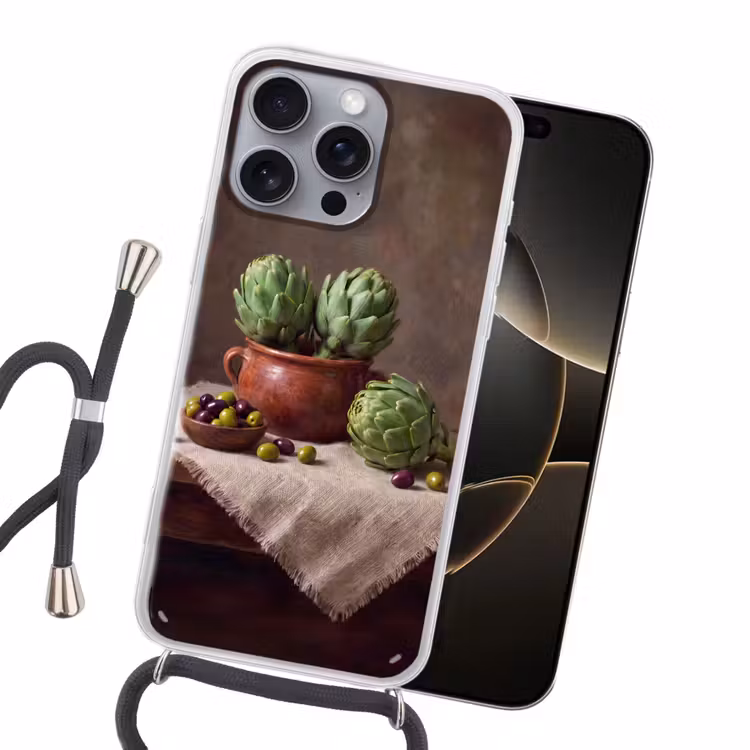 Handyhülle mit Band - Artischocken – Oliven – Essen - Artisjokken - Olijven - Eten Hoesje iPhone 16 Pro Max met koord klein