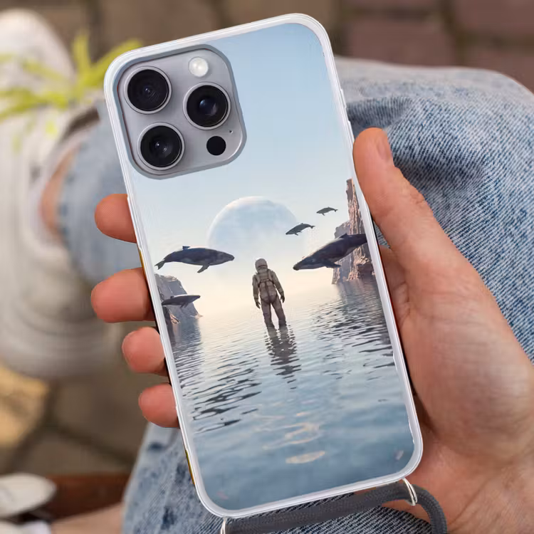 Handyhülle mit Band - Astronaut – Wal – Fantasie - Ruimtevaarder - Walvis - Fantasie Hoesje iPhone 16 Pro Max met koord klein