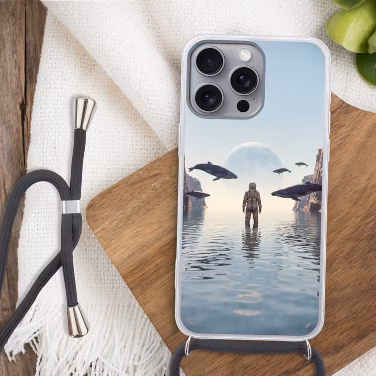 Handyhülle mit Band - Astronaut – Wal – Fantasie - Ruimtevaarder - Walvis - Fantasie Hoesje iPhone 16 Pro Max met koord klein