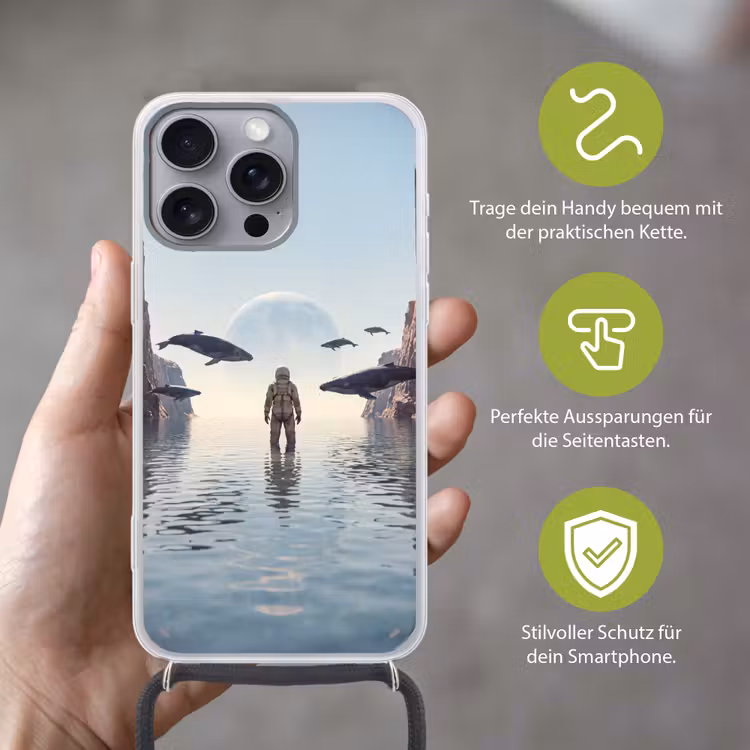 Handyhülle mit Band - Astronaut – Wal – Fantasie - Ruimtevaarder - Walvis - Fantasie Hoesje iPhone 16 Pro Max met koord klein