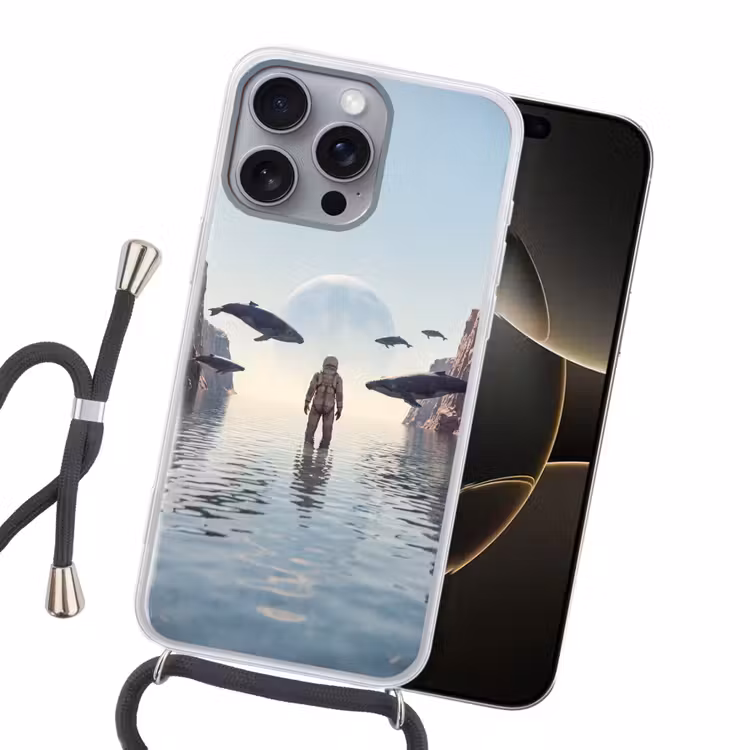 Handyhülle mit Band - Astronaut – Wal – Fantasie - Ruimtevaarder - Walvis - Fantasie Hoesje iPhone 16 Pro Max met koord klein