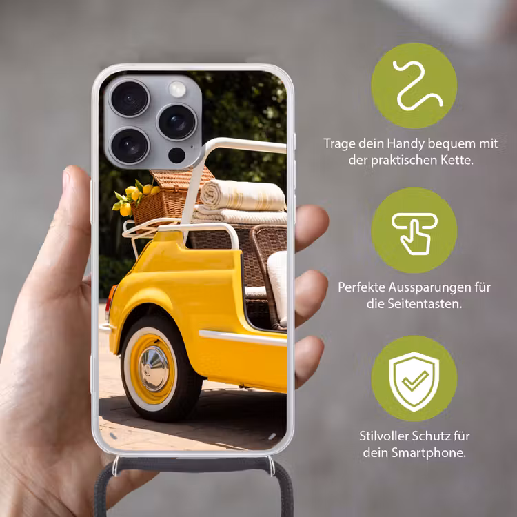 Auto - Picknick - Zomer - Geel Hoesje iPhone 16 Pro Max met koord klein -sfeer2_DE