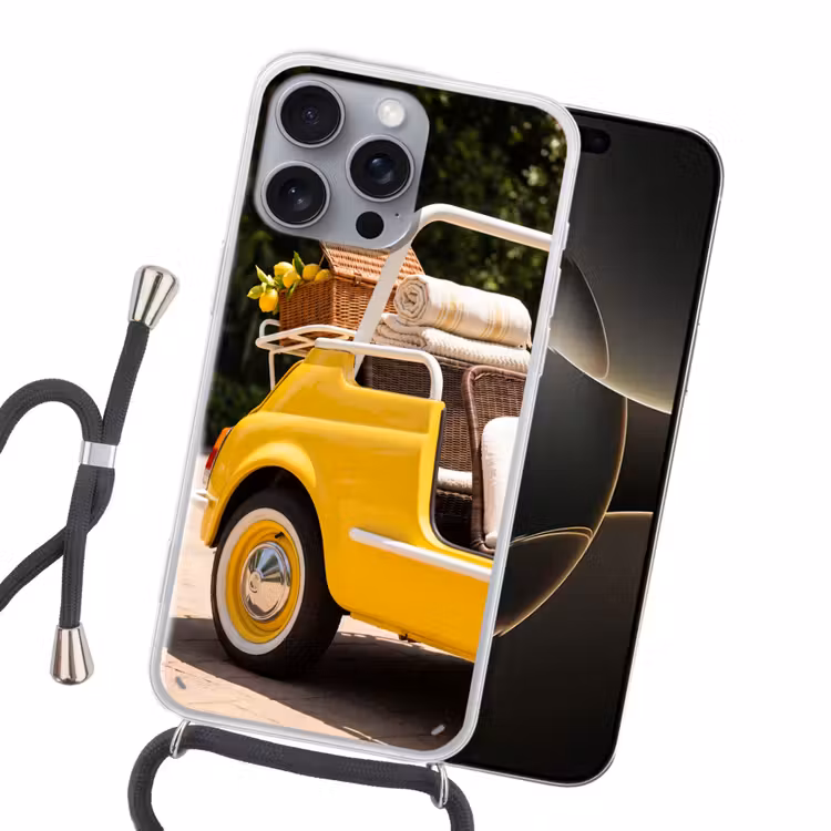Auto - Picknick - Zomer - Geel Hoesje iPhone 16 Pro Max met koord klein -sfeer1