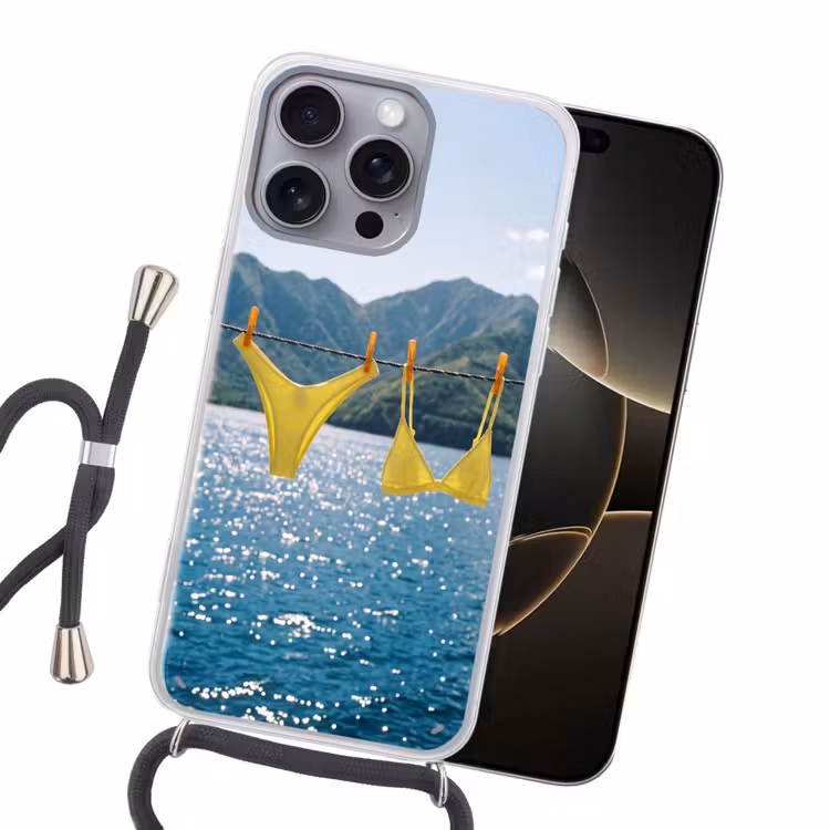 Badmode - Bikini - Zee - Bergen - Geel Hoesje iPhone 16 Pro Max met koord klein -sfeer1