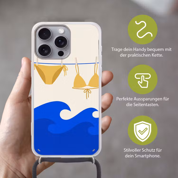 Zwemkleding - Zee - Zomer - Illustratie - Geel Hoesje iPhone 16 Pro Max met koord klein -sfeer2_DE