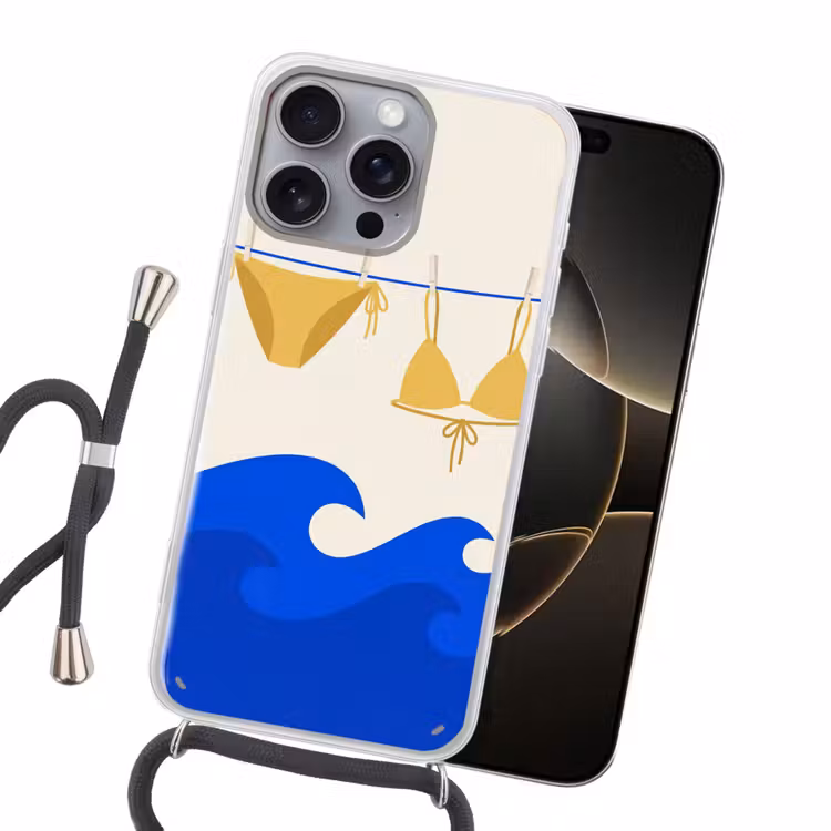 Zwemkleding - Zee - Zomer - Illustratie - Geel Hoesje iPhone 16 Pro Max met koord klein -sfeer1